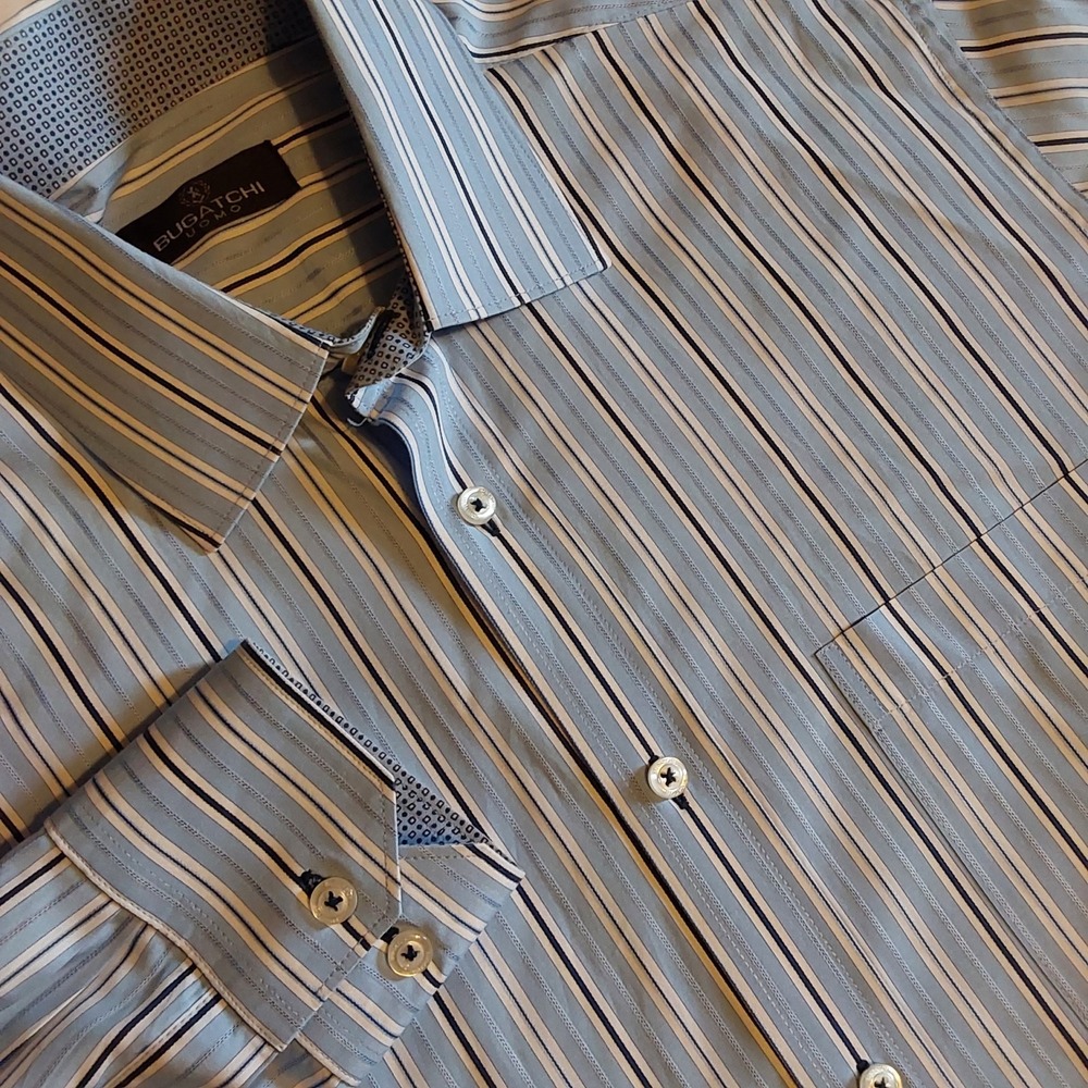 BUGATCHI Shirt Men's‎ Large Blue Stripe Cotton Classic Fit Flip Cuff Long Sleeve